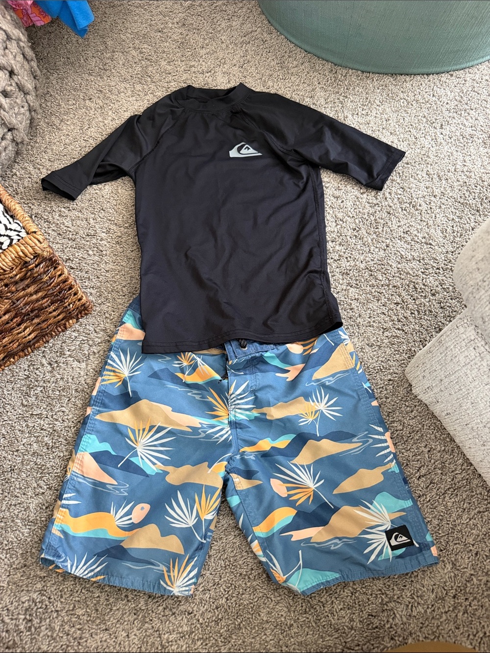 Quiksilver Black Rash Guard with Blue & Tan Tropical Board Shorts